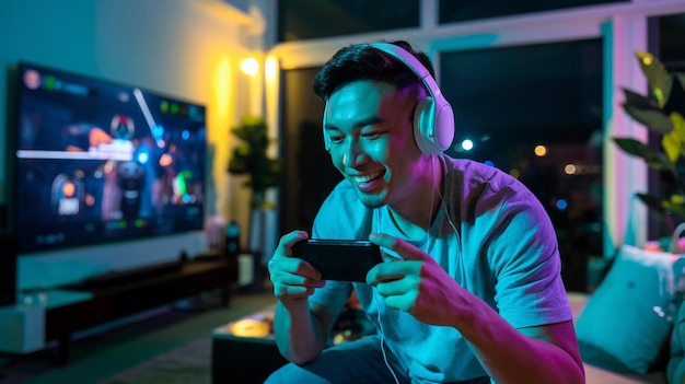 a man wearing headphones and a blue light is sitting on a table