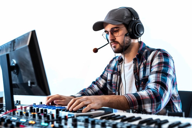 Man Wearing Headphones at Computer