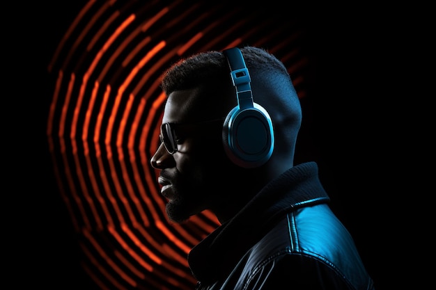 a man wearing headphones in front of a black background