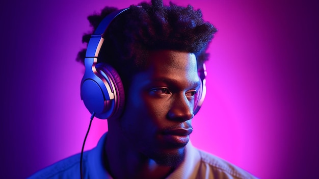 A man wearing headphones in front of a purple background