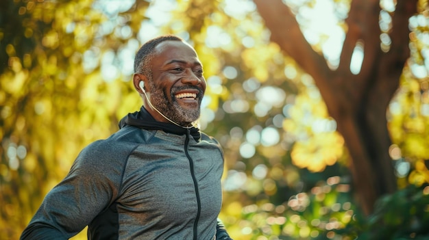 A man wearing headphones and a grey jacket is smiling while running