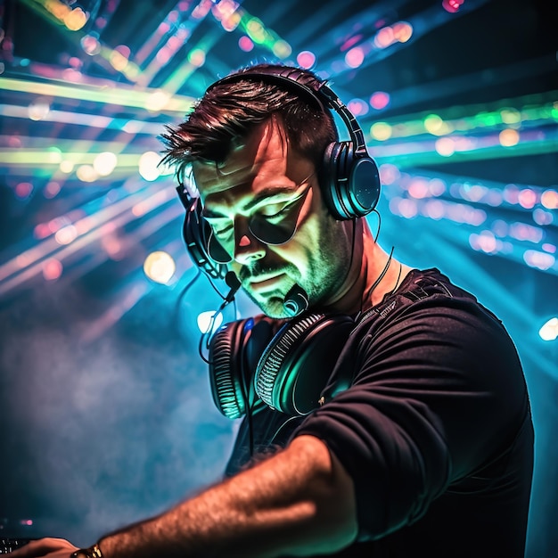 A man wearing headphones and a headset is playing music with a neon light behind him.