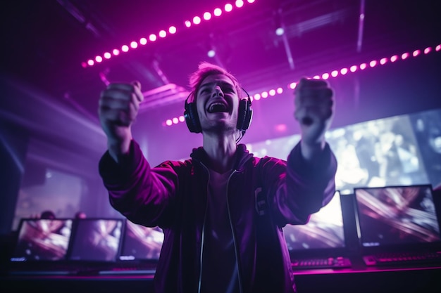 A man wearing a headphones is cheering and wearing a purple glow in the dark.