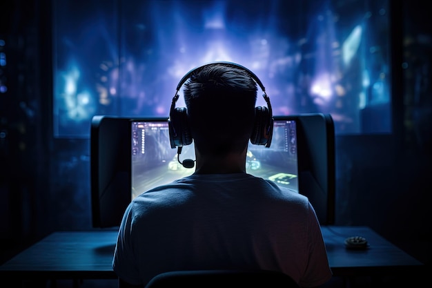 A man wearing headphones is playing a video game