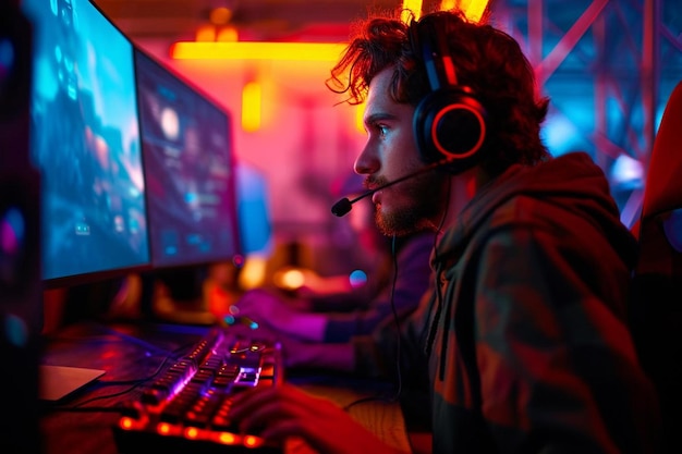 a man wearing headphones is playing a video game