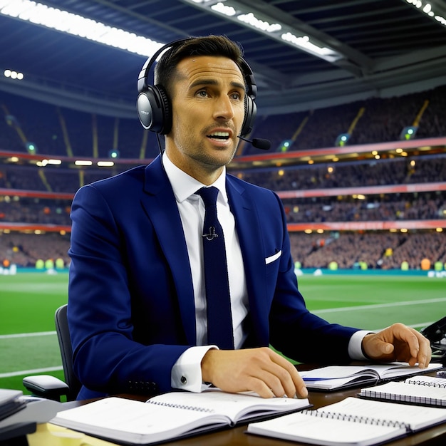 Photo a man wearing headphones is sitting at a desk with a screen showing a screen