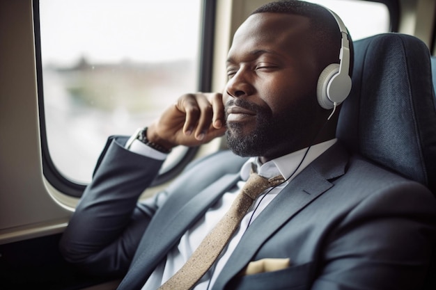 A man wearing headphones is sleeping on a train.