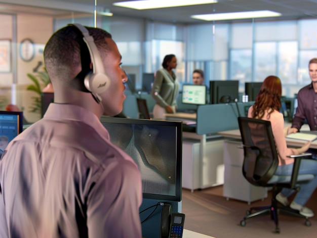 Photo a man wearing headphones is standing in front of a computer screen