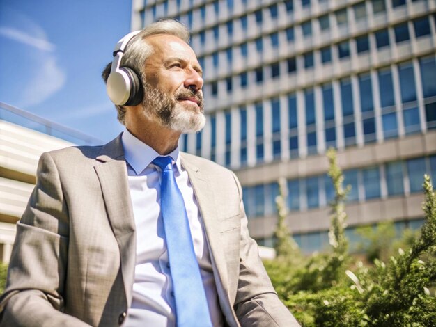 Photo a man wearing headphones is wearing a suit and a shirt with the word quot the quot he is quot on it