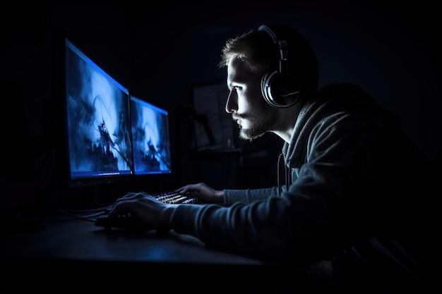 A man wearing headphones plays a game on a computer.