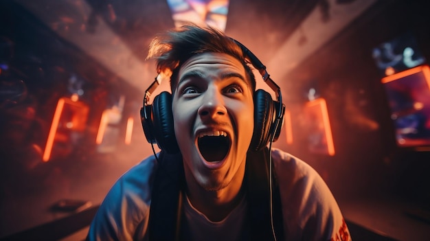 A man wearing headphones and screaming in a dark room