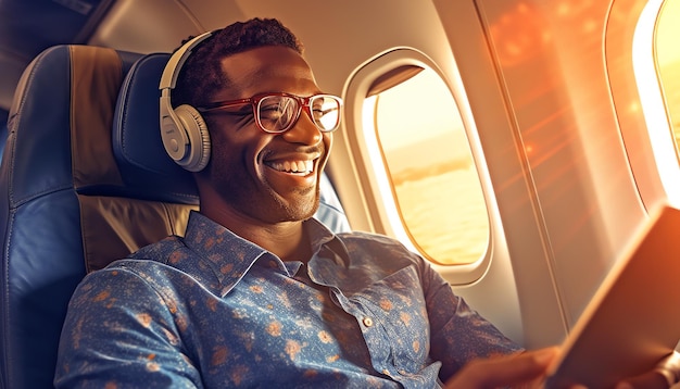 A man wearing headphones sits on an airplane and smiles.