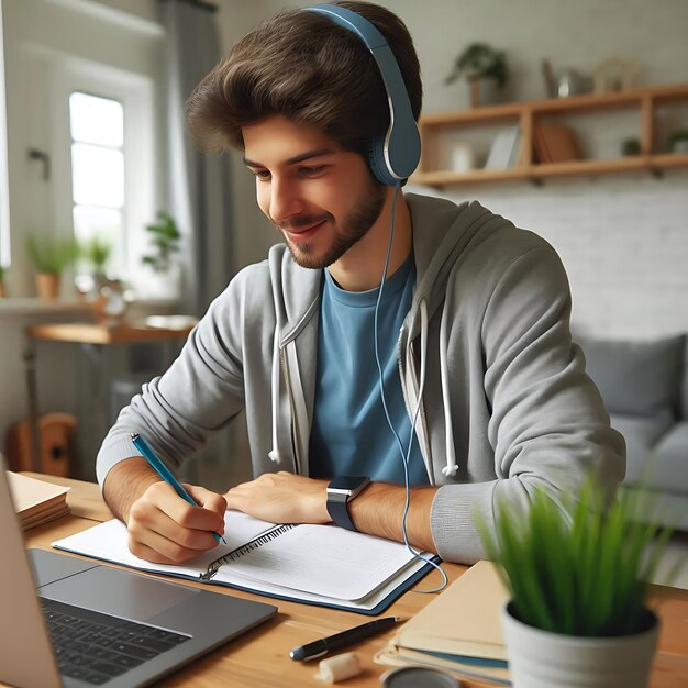 a man wearing headphones sits at a desk with a laptop and a plant in the background