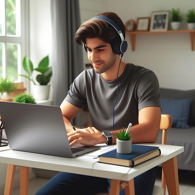 a man wearing headphones sits at a table with a laptop and a book