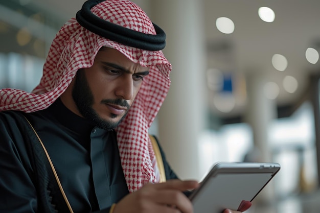 A man wearing a headscarf looking at a cell phone