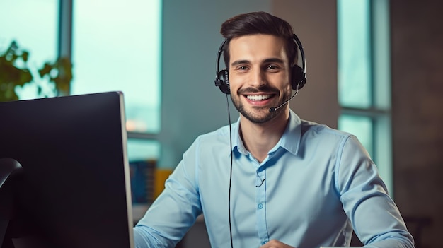 A man wearing a headset sits at a computer with a monitor that says call center.