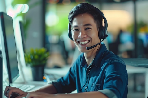 A man wearing a headset and smiling at the camera He is sitting in front of a laptop