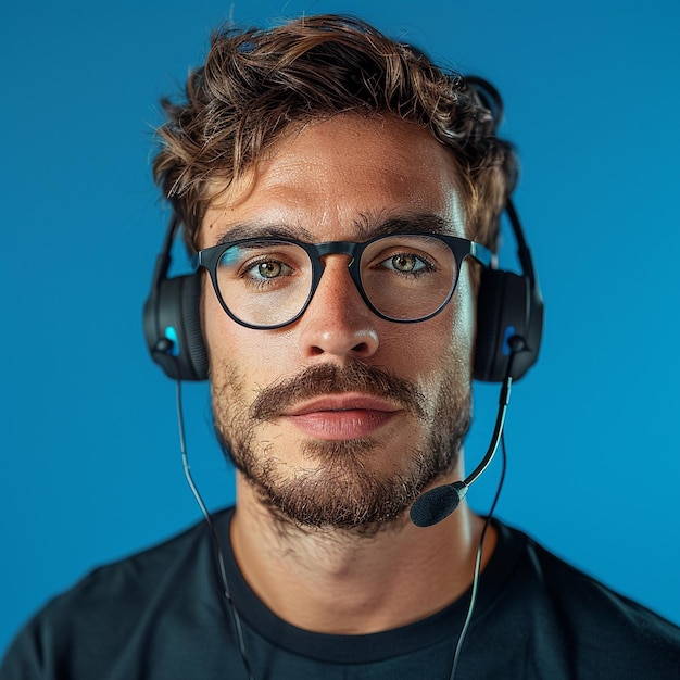 Photo a man wearing a headset with a blue background