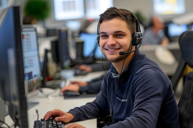 a man wearing a headset with a headset and a keyboard