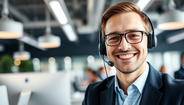 Photo a man wearing a headset with a smile on his face