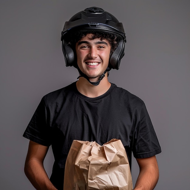 Photo a man wearing a helmet and holding a bag with a paper bag on it