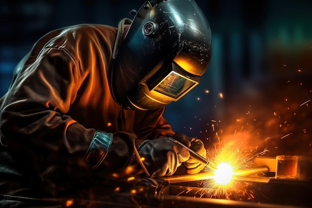 A man wearing a helmet and a hood is welding a piece of metal