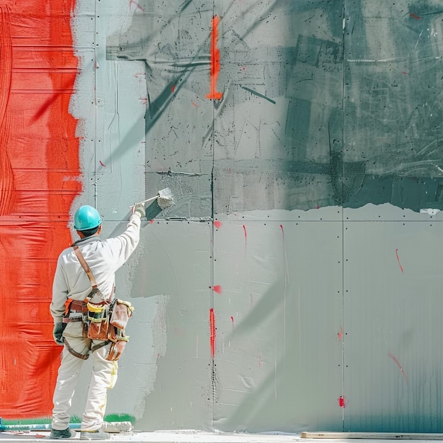 a man wearing a helmet is standing in front of a wall that has a red line on it