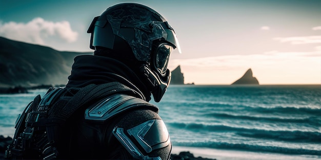 A man wearing a helmet looking out to the ocean.