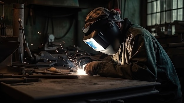 A man wearing a helmet and a mask welding a piece of metal