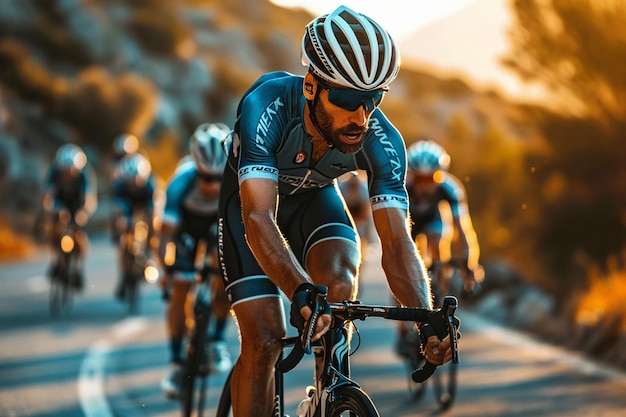 a man wearing a helmet rides a bike with other cyclists in the background