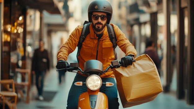 Photo a man wearing a helmet rides a scooter with a bag on his shoulder