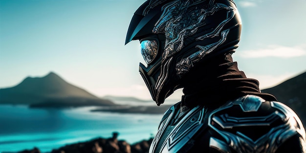 A man wearing a helmet stands on a beach and looks out to the ocean.