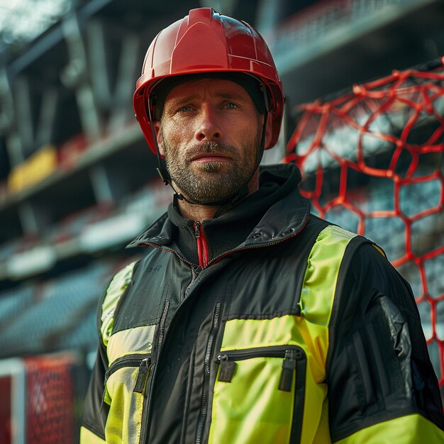 a man wearing a helmet stands in front of a soccer net