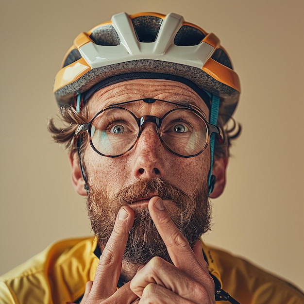 a man wearing a helmet that says quot he is wearing glasses quot