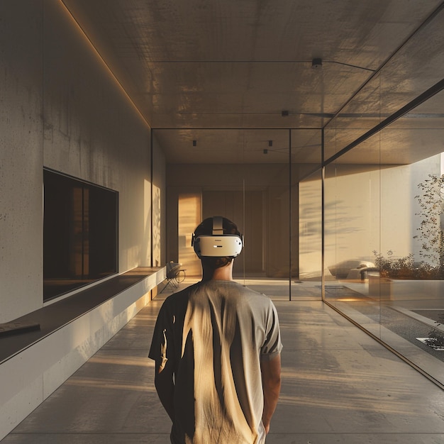 a man wearing a helmet walks through a room with a large window