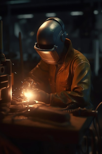 A man wearing a helmet and a welding helmet works on a piece of metal.