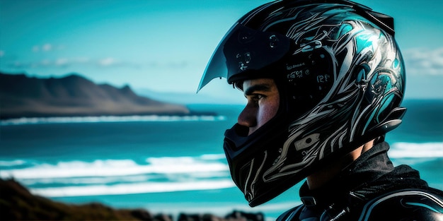 A man wearing a helmet with the word baja on it