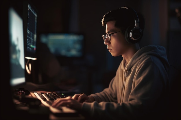 A man wearing a hoodie sits at a computer with a monitor that says game on it.