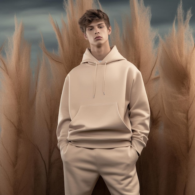 A man wearing a hoodie stands in front of a tree with a cloudy sky behind him.