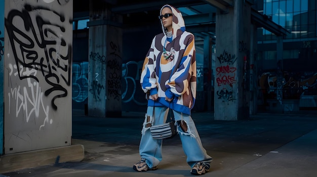 Photo man wearing a hoodie and sunglasses is walking in a dark alley