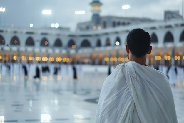 Photo a man wearing ihram and performing hajj