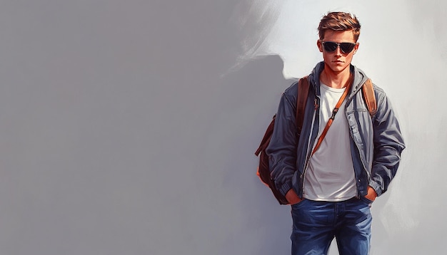 Photo a man wearing a jacket and sunglasses stands against a wall