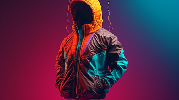 a man wearing a jacket with the word  the word  on it