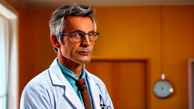 a man wearing a lab coat with a stethoscope on his chest