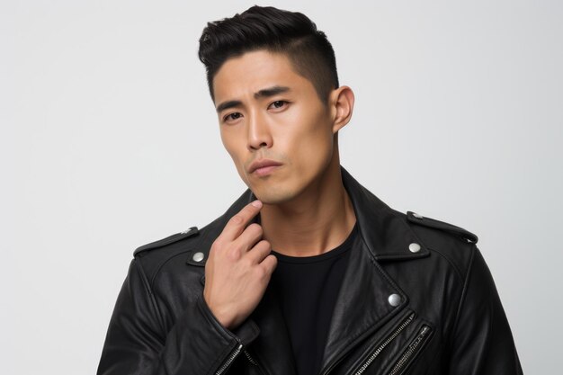 A man wearing a leather jacket strikes a pose for a photo This versatile image can be used for various purposes