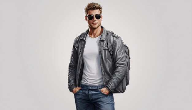 a man wearing a leather jacket and sunglasses is posing for a photo