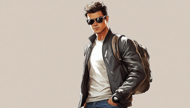 a man wearing a leather jacket and sunglasses is standing in front of a gray background