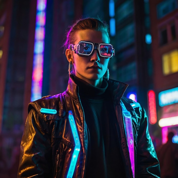 a man wearing a leather jacket and sunglasses stands in front of a building with neon lights