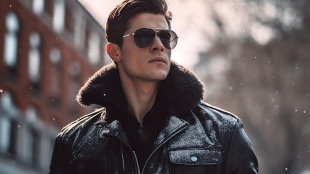 A man wearing a leather jacket and sunglasses