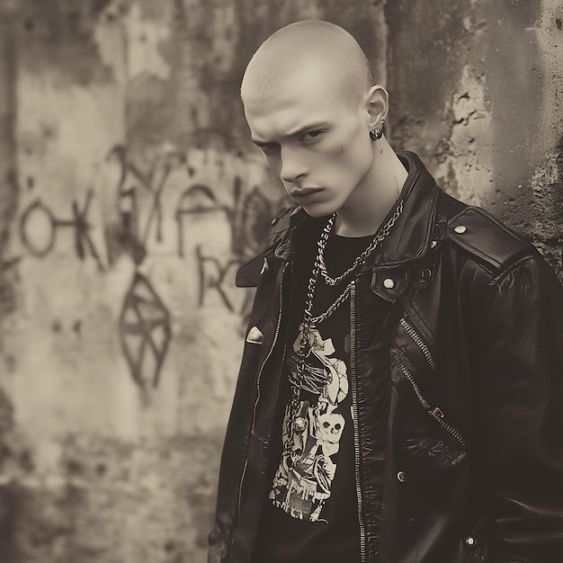 Photo a man wearing a leather jacket and a t - shirt with a white logo on it